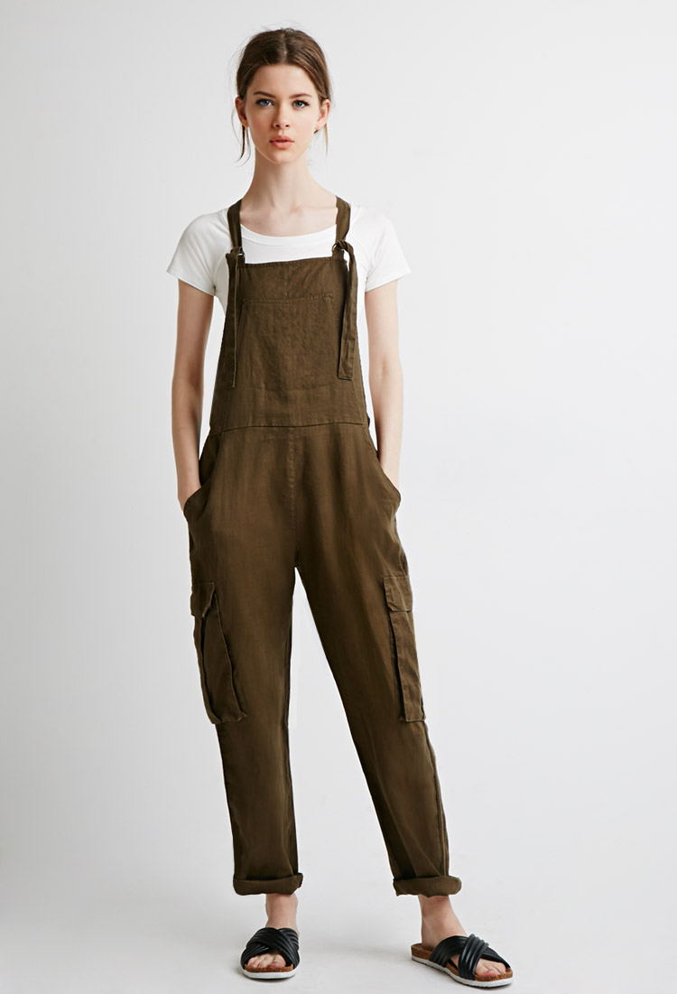 green linen overalls