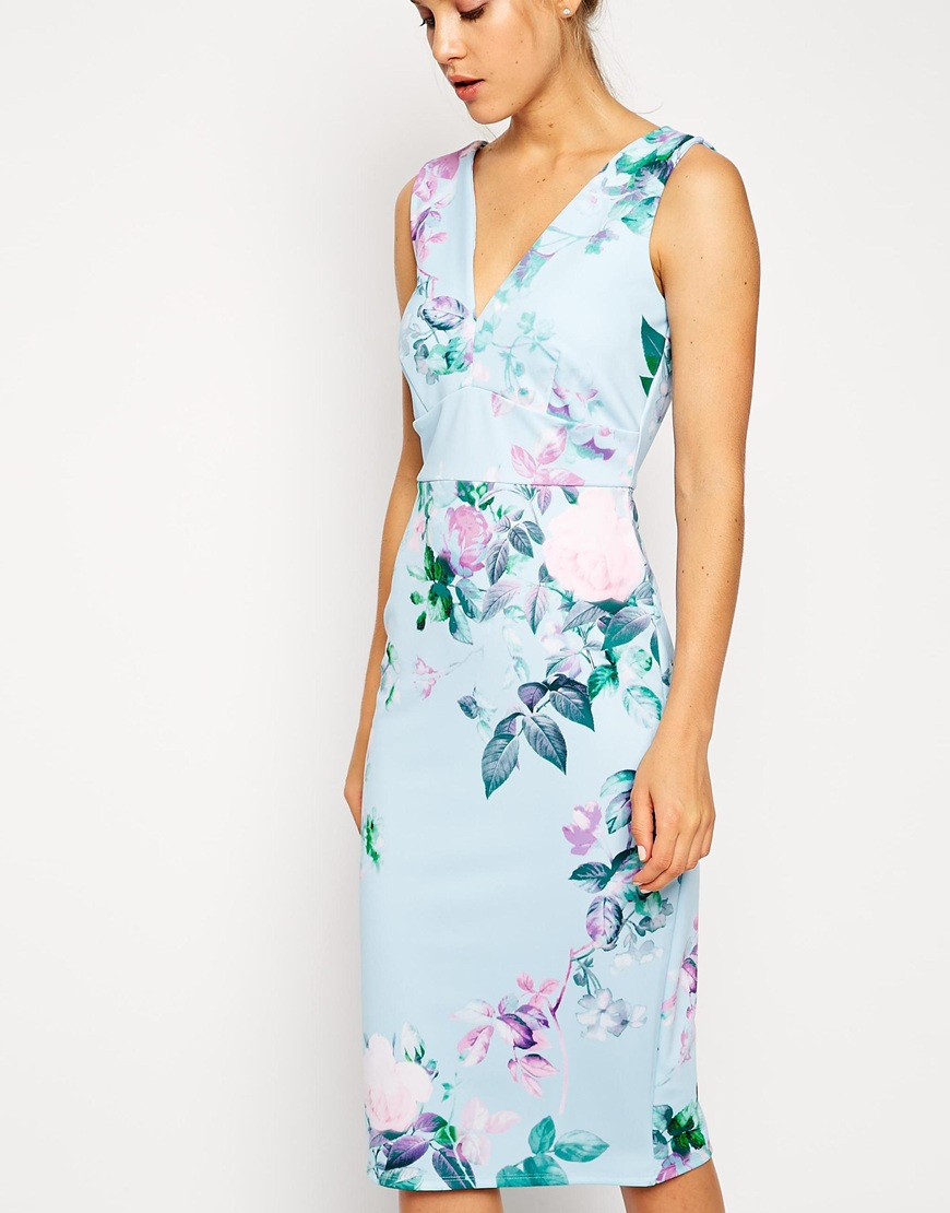 Lyst - Asos Blue Floral Pencil Printed Body-Conscious Dress in Blue