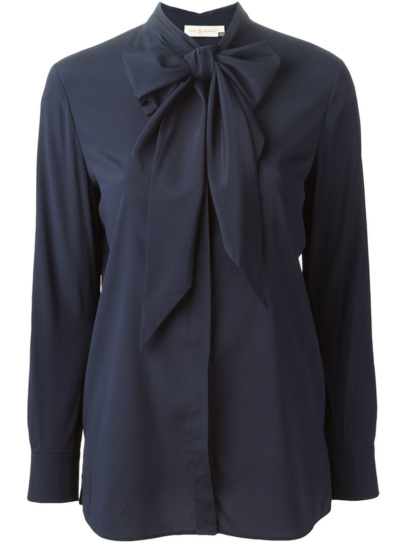 Tory burch Pussy Bow Blouse in Blue | Lyst