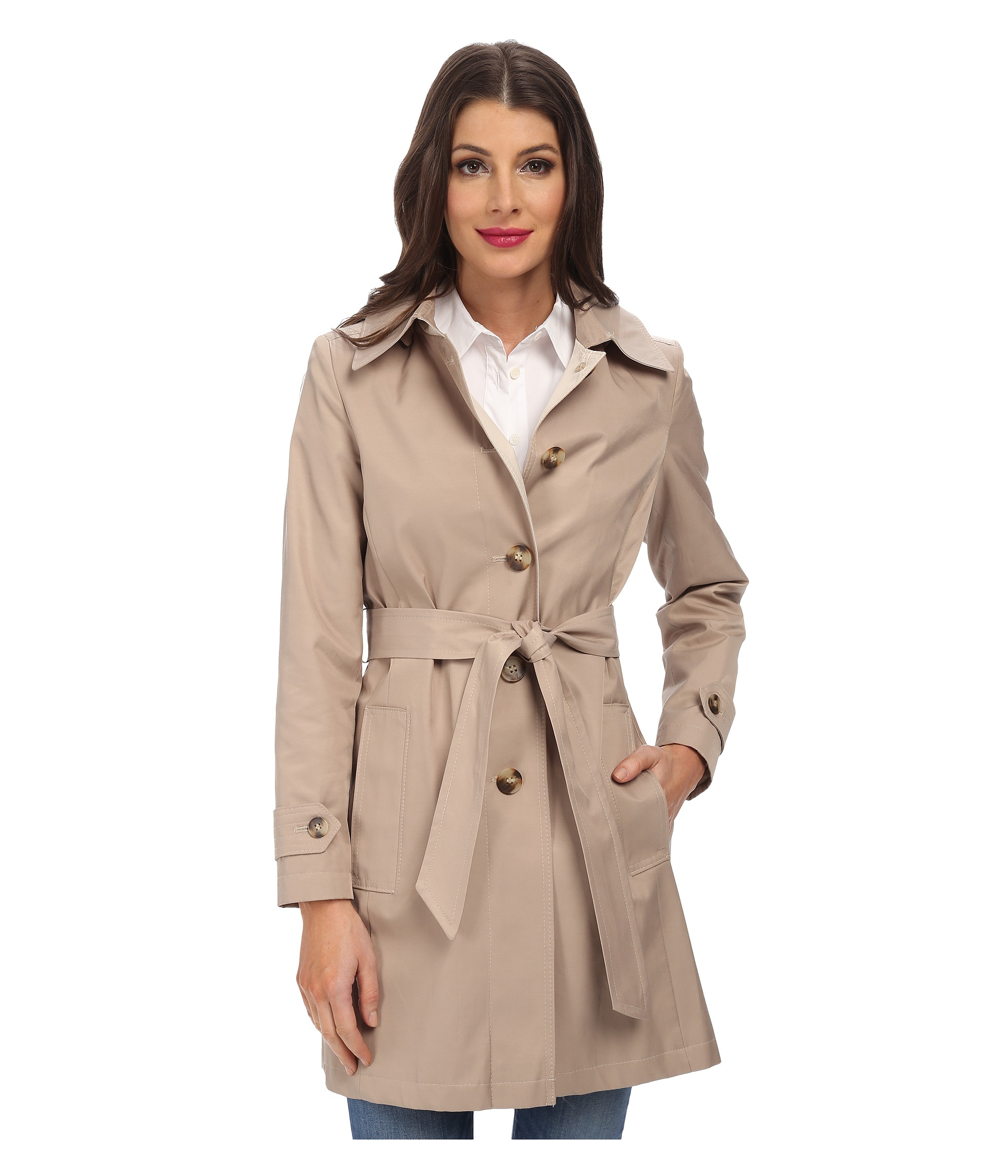 DKNY Single Breasted Hooded Belted Trench Coat in Natural Lyst