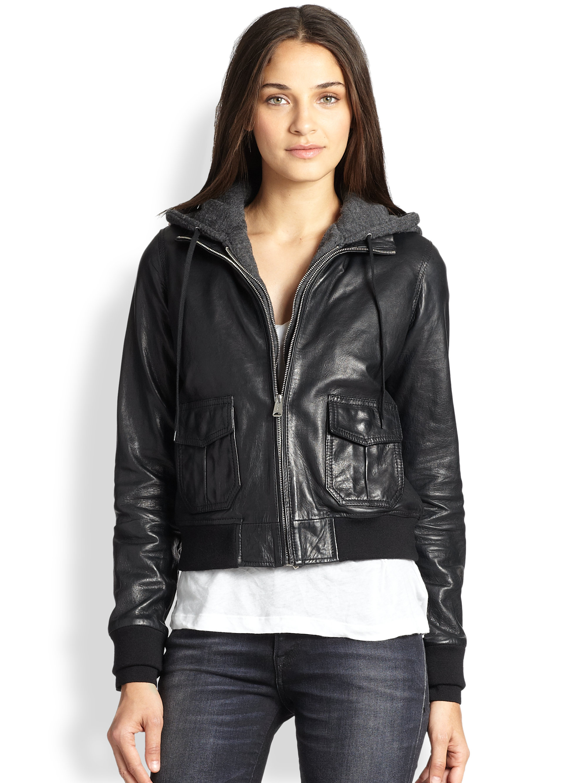 Download R13 Layered Jersey-hood Leather Bomber Jacket in Black | Lyst