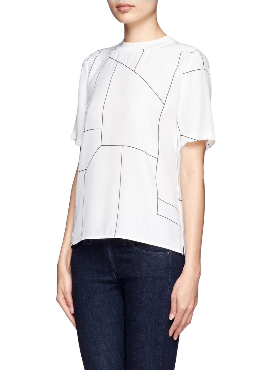 Lyst - Theory Linear Print Short-sleeve Silk Blouse in White