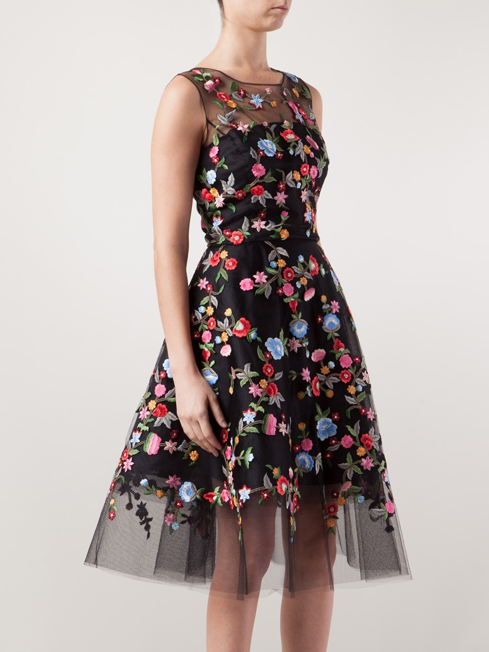 Lyst Oscar De La Renta Floral Embroidered Tulle Dress In Black