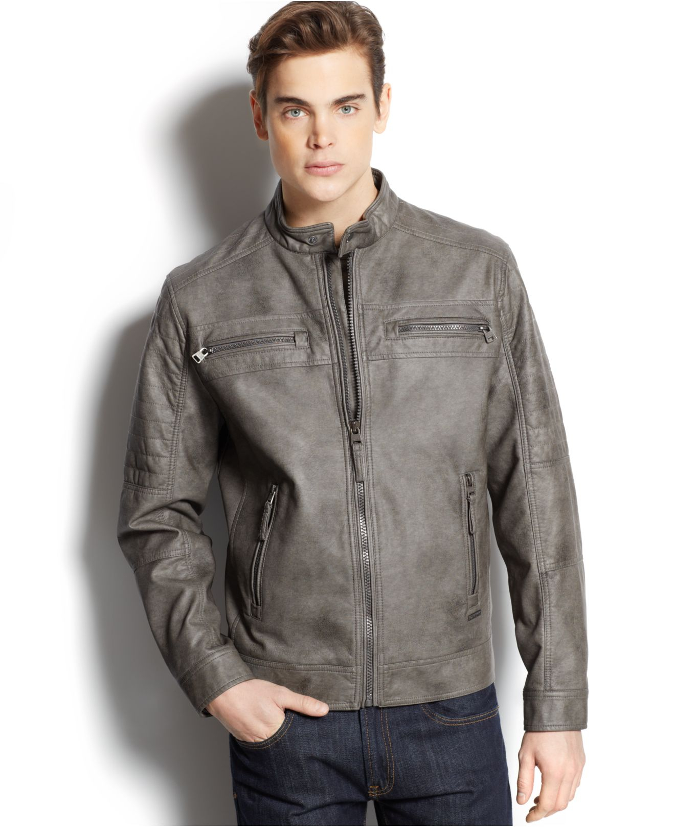 Calvin Klein Quilted Faux Leather Moto Jacket In Gray For Men Lyst Gallery