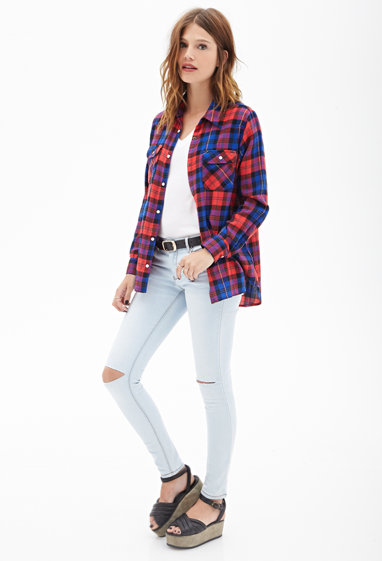 red and blue plaid shirt outfit