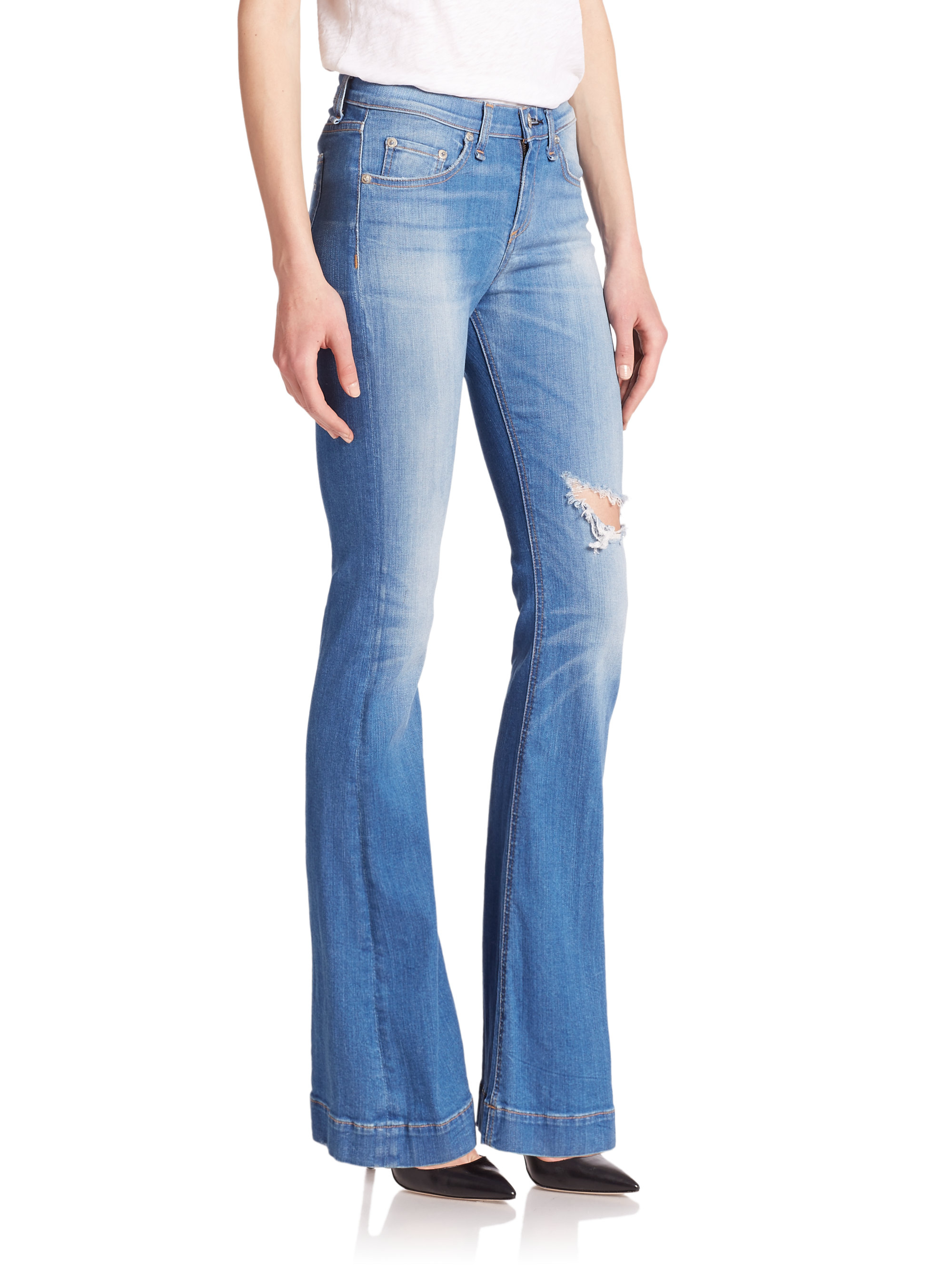Lyst - Rag & Bone The High-rise Distressed Flare Jeans in Blue