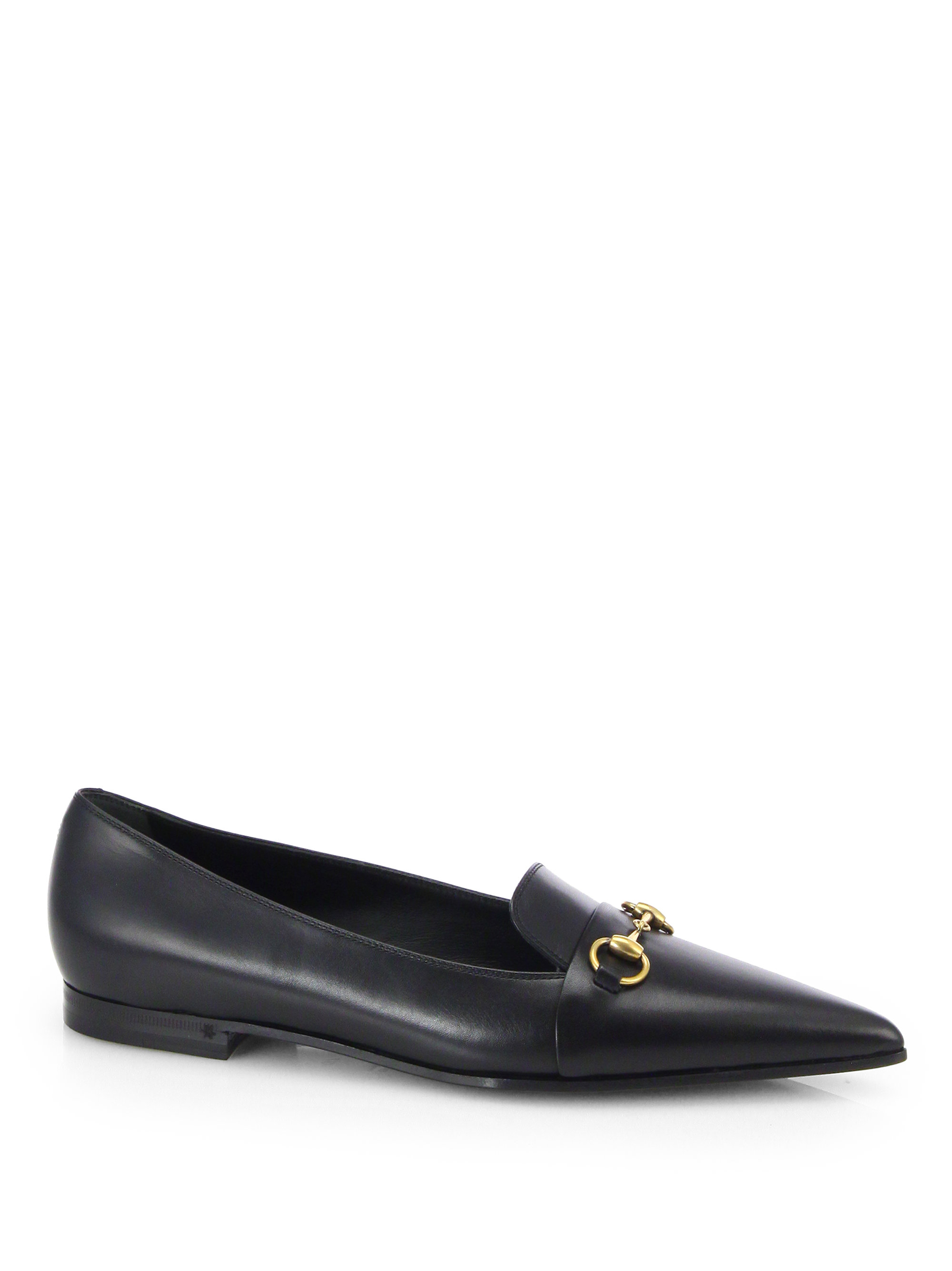 Lyst - Gucci Heidi Leather Point Toe Horsebit Loafers in Black