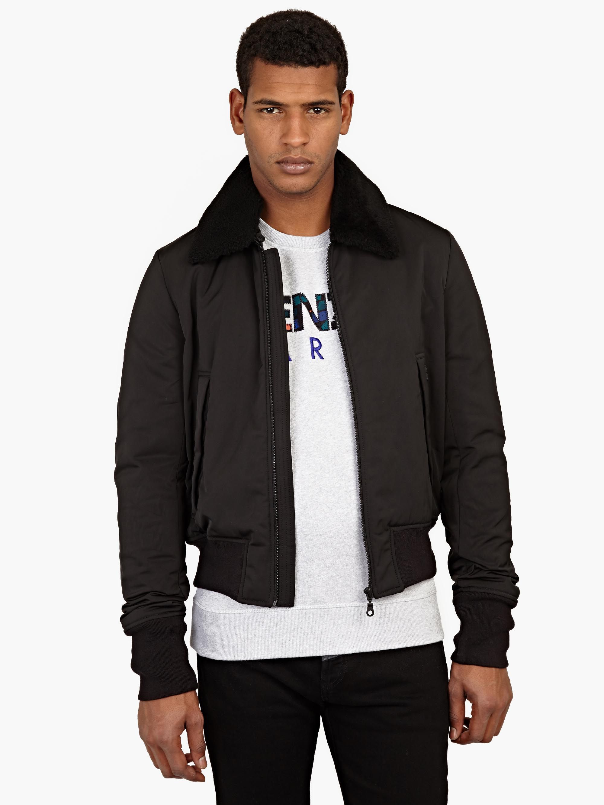 Kenzo Black Polyester Jacket With Shearling Collar in Black for Men | Lyst