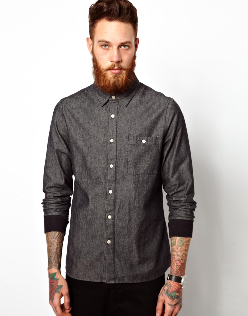 Lyst - Asos Denim Shirt In Long Sleeve With Cuff Detail in Black for Men