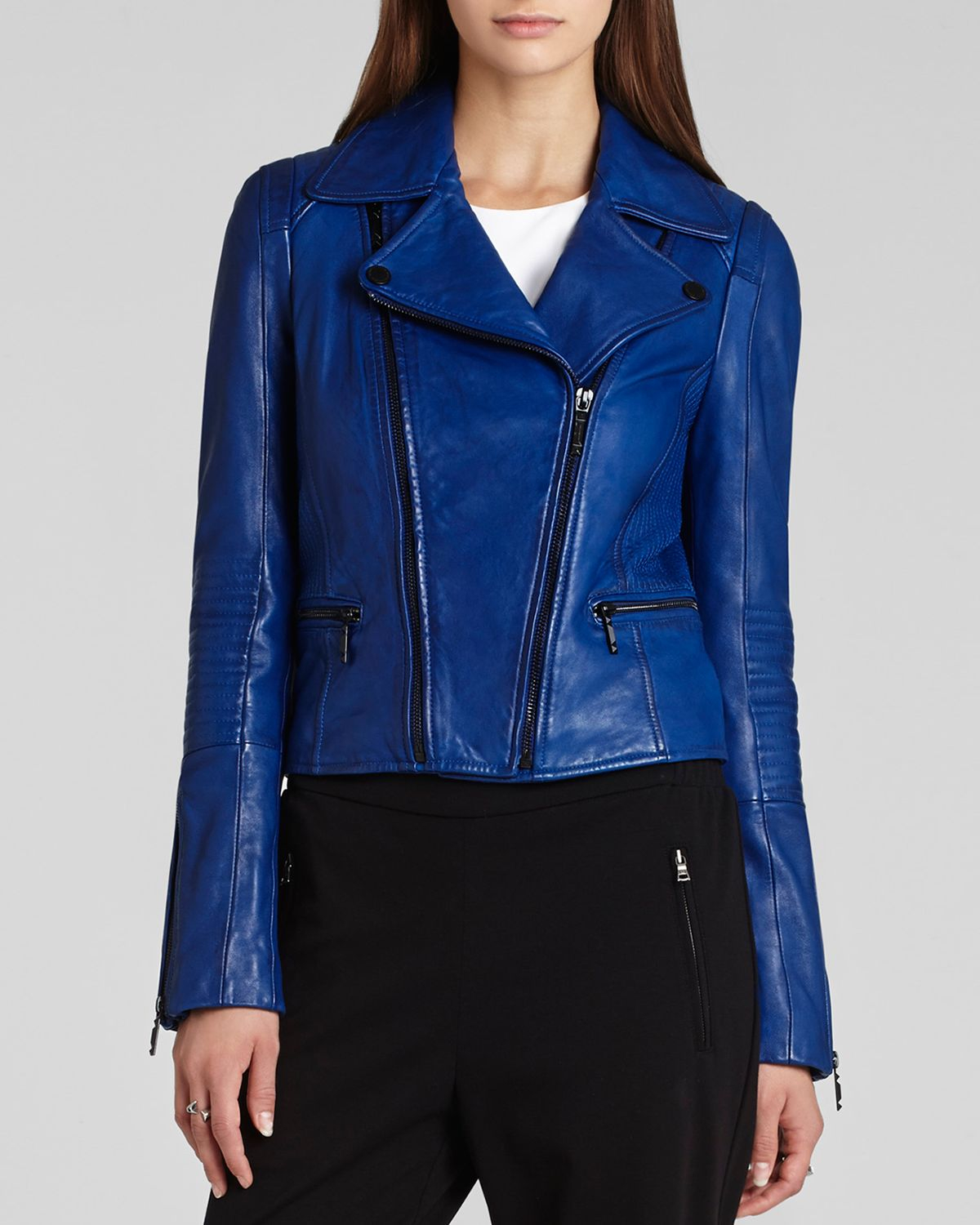 Lyst Bcbgmaxazria Bcbg Max Azria Jacket Tara Moto Faux Leather In Blue Gallery