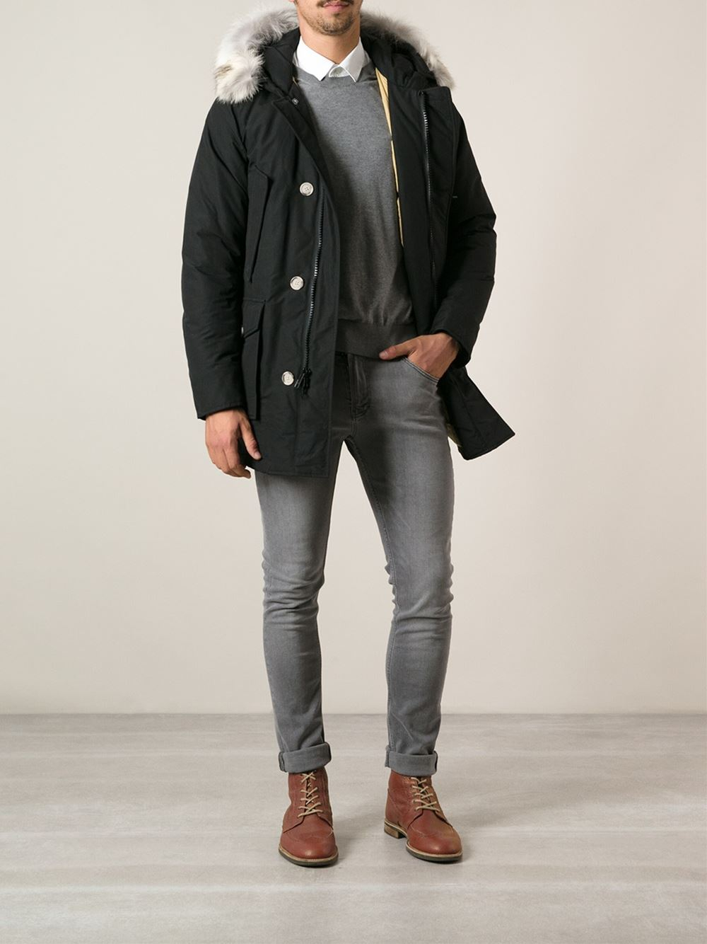 Lyst - Woolrich Padded Fur Detail Jacket in Black for Men