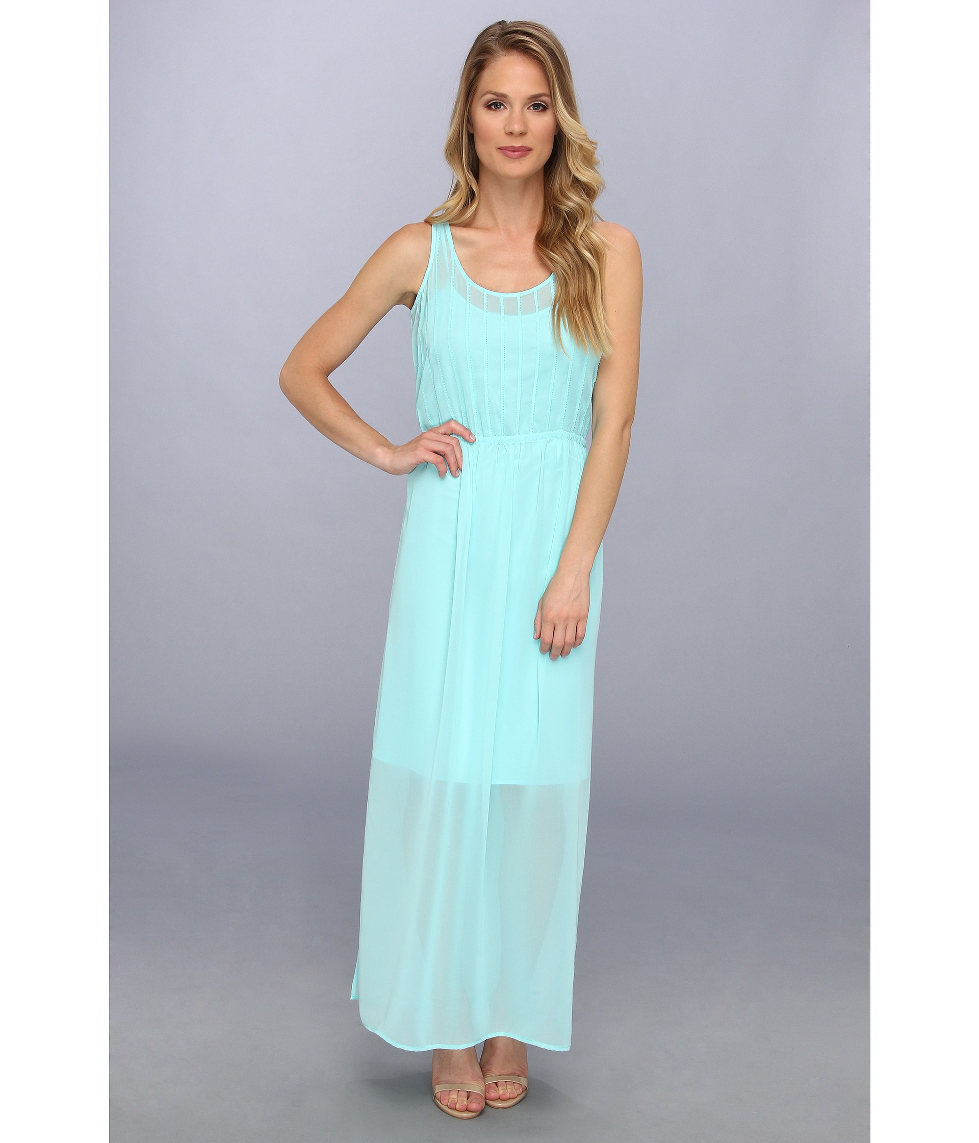 Calvin Klein Pintuck Maxi Polyester Chiffon Dress in Blue (Aqua) | Lyst