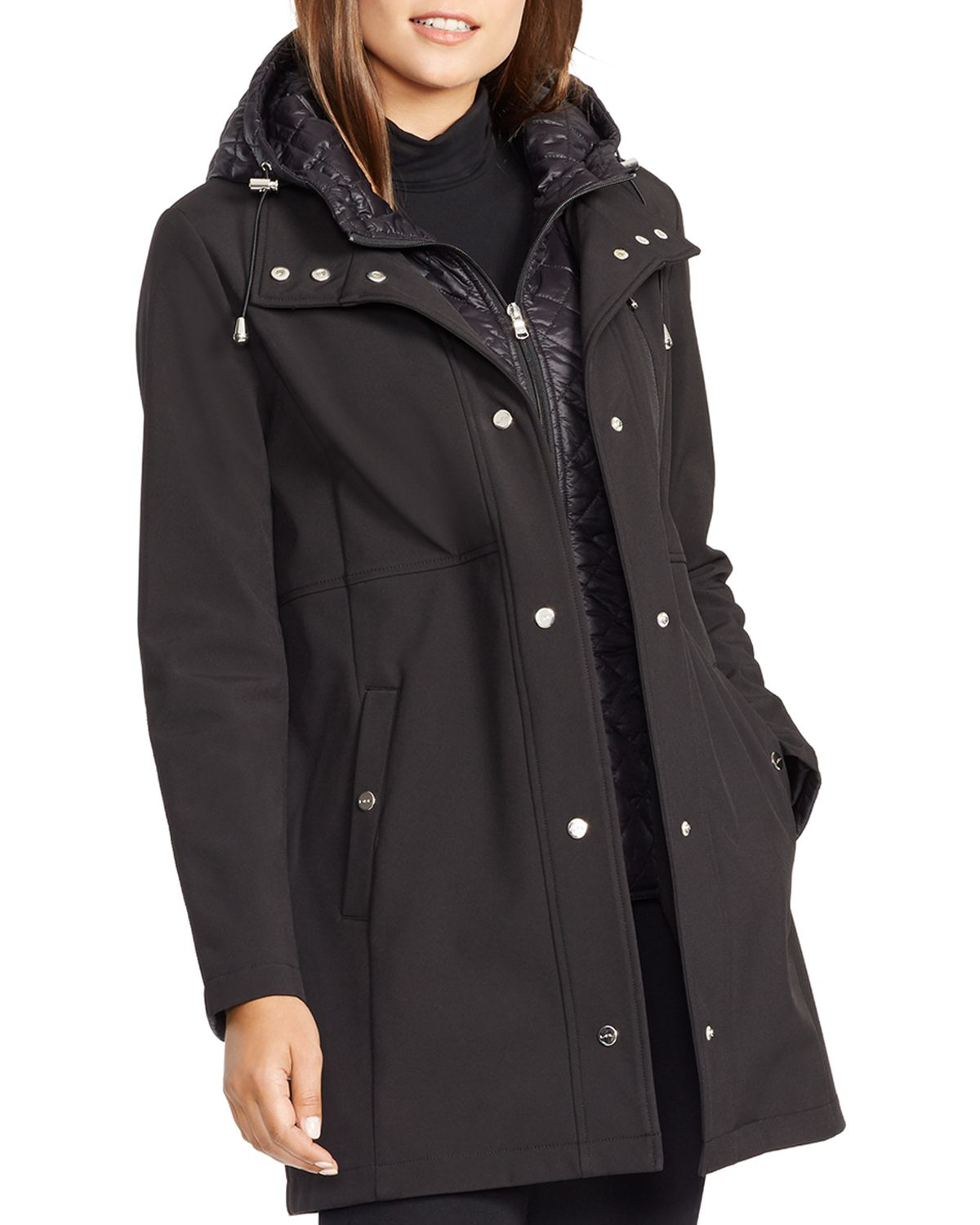 Ralph lauren Lauren Hooded Double Layer Coat in Black | Lyst