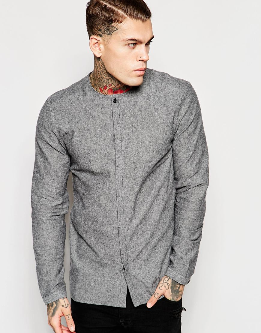 Lyst - Asos Collarless Shirt In Grey Textured Fabric In Regular Fit in ...