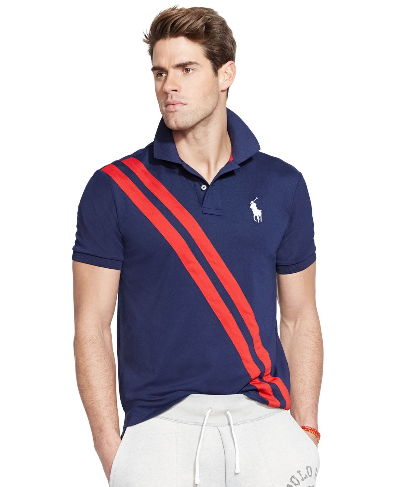 Lyst - Polo Ralph Lauren Banner-striped Mesh Performance Polo in Blue ...