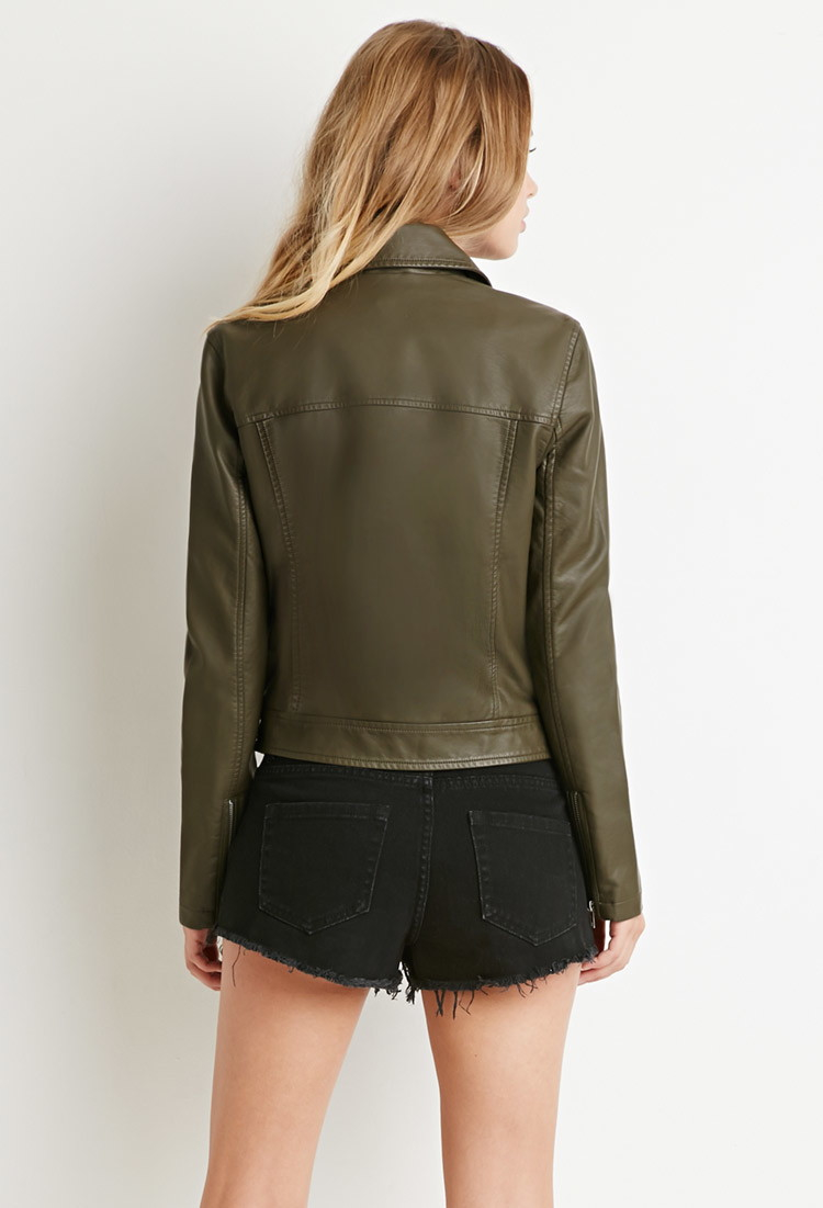Lyst Forever 21 Faux Leather Moto Jacket In Green