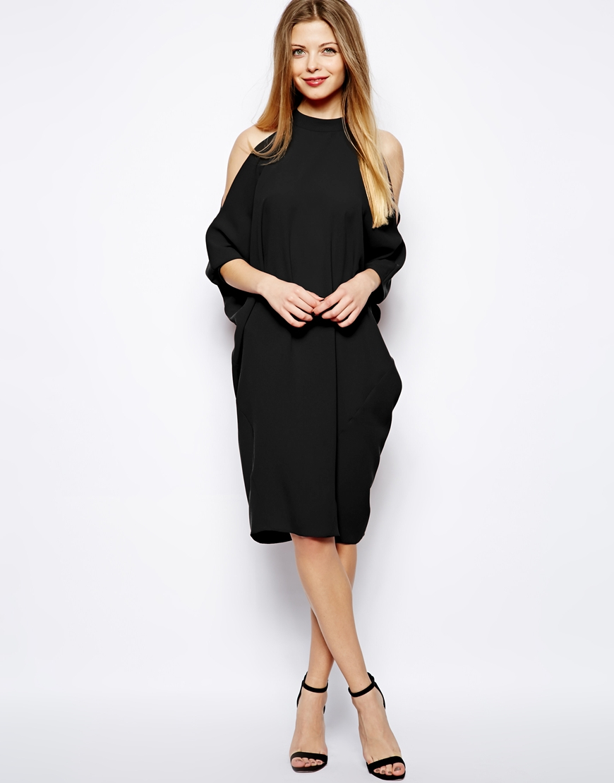 Lyst - Asos Midi Shift Dress with Cold Shoulder and Batwing Sleeves in ...