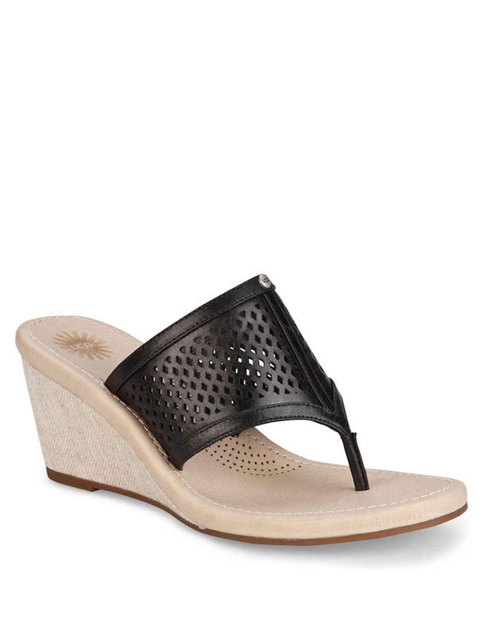 Ugg Solena Leather Thong Wedge Sandals in Black | Lyst
