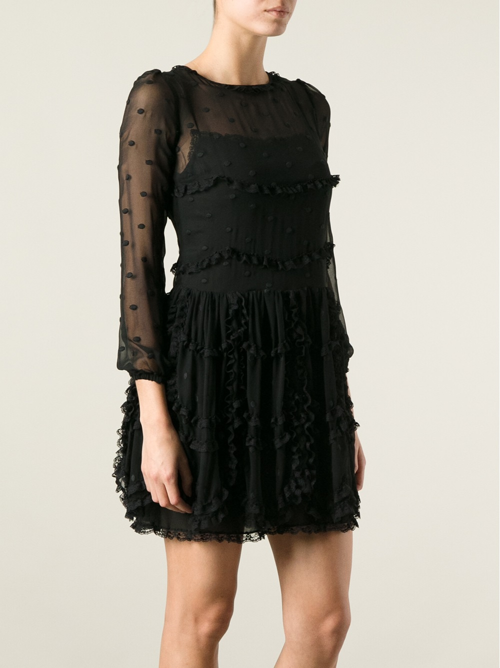 Red Valentino Sheer Ruffled Dress in Black | Lyst