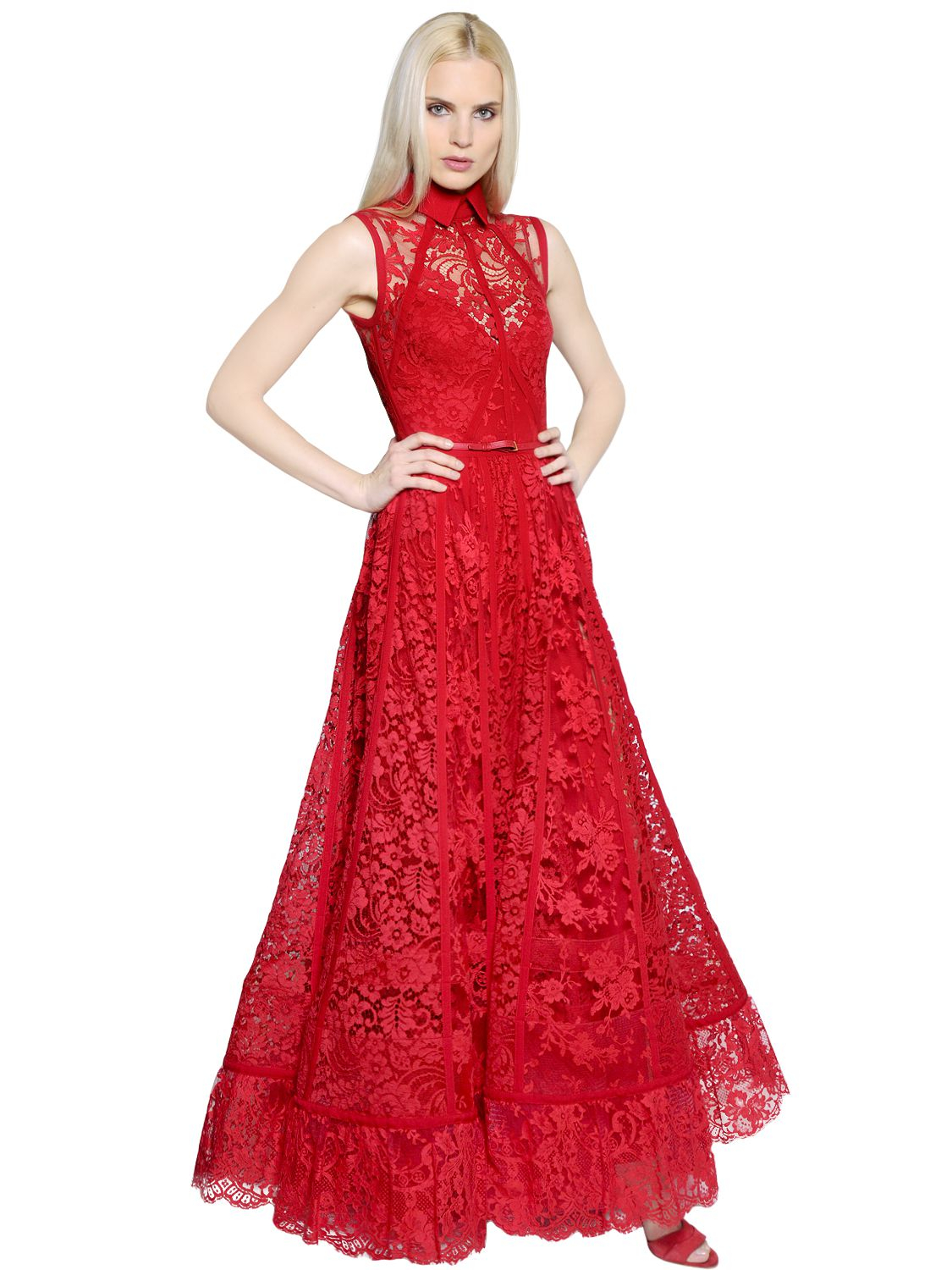 Lyst Elie Saab Lace Silk Georgette Dress In Red Gallery