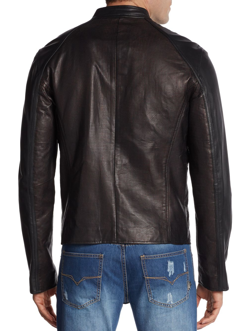 Lyst - Versace jeans Perforated Leather Moto Jacket in Brown for Men