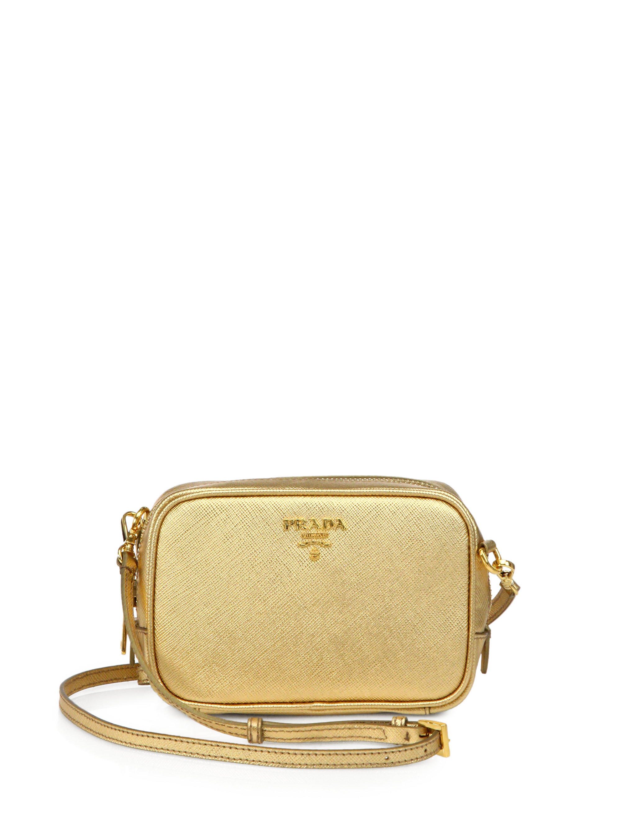 Prada Metallic Saffiano Camera Crossbody Bag in Gold (PLATINO) | Lyst  