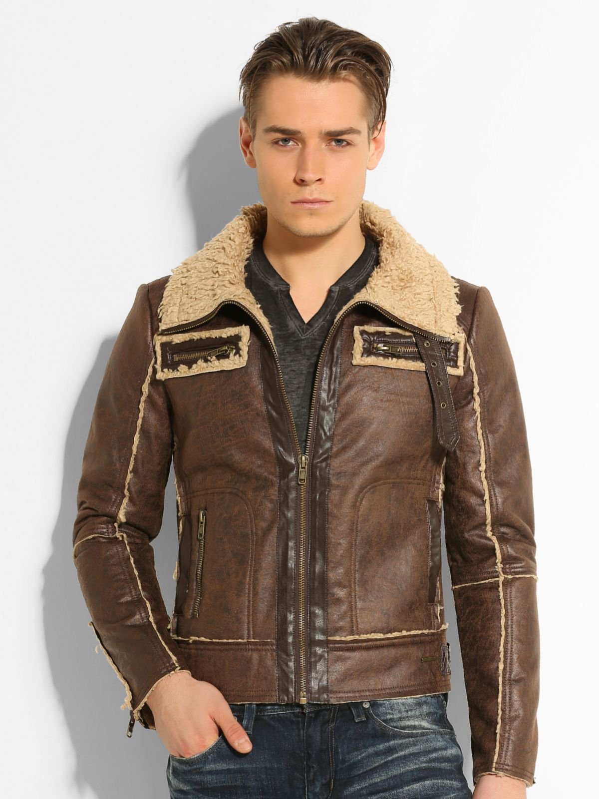 Guess Shearling Jacket  in Brown for Men Lyst