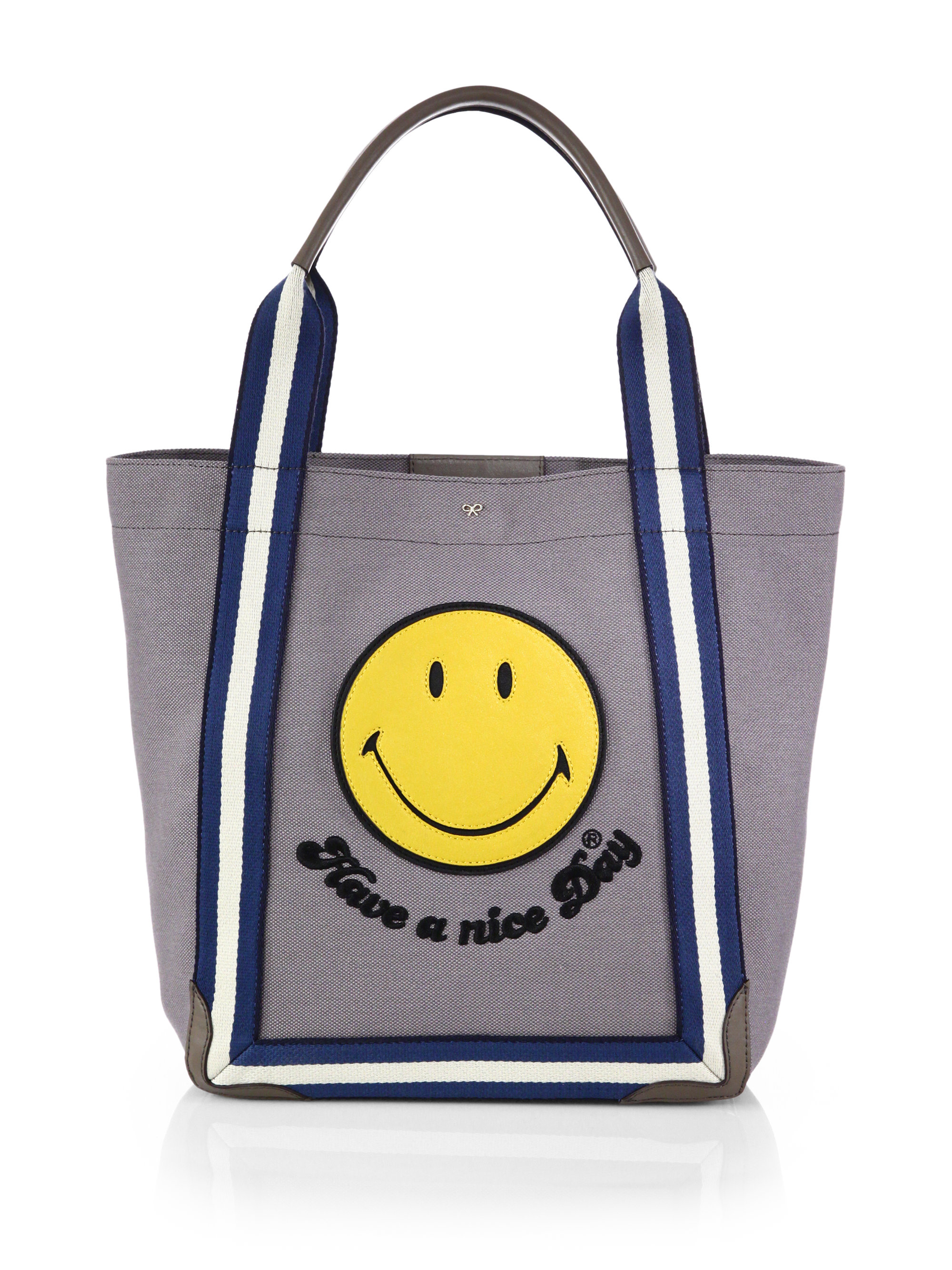 Anya hindmarch Leathertrimmed Canvas Smiley Face Tote in Gray Lyst