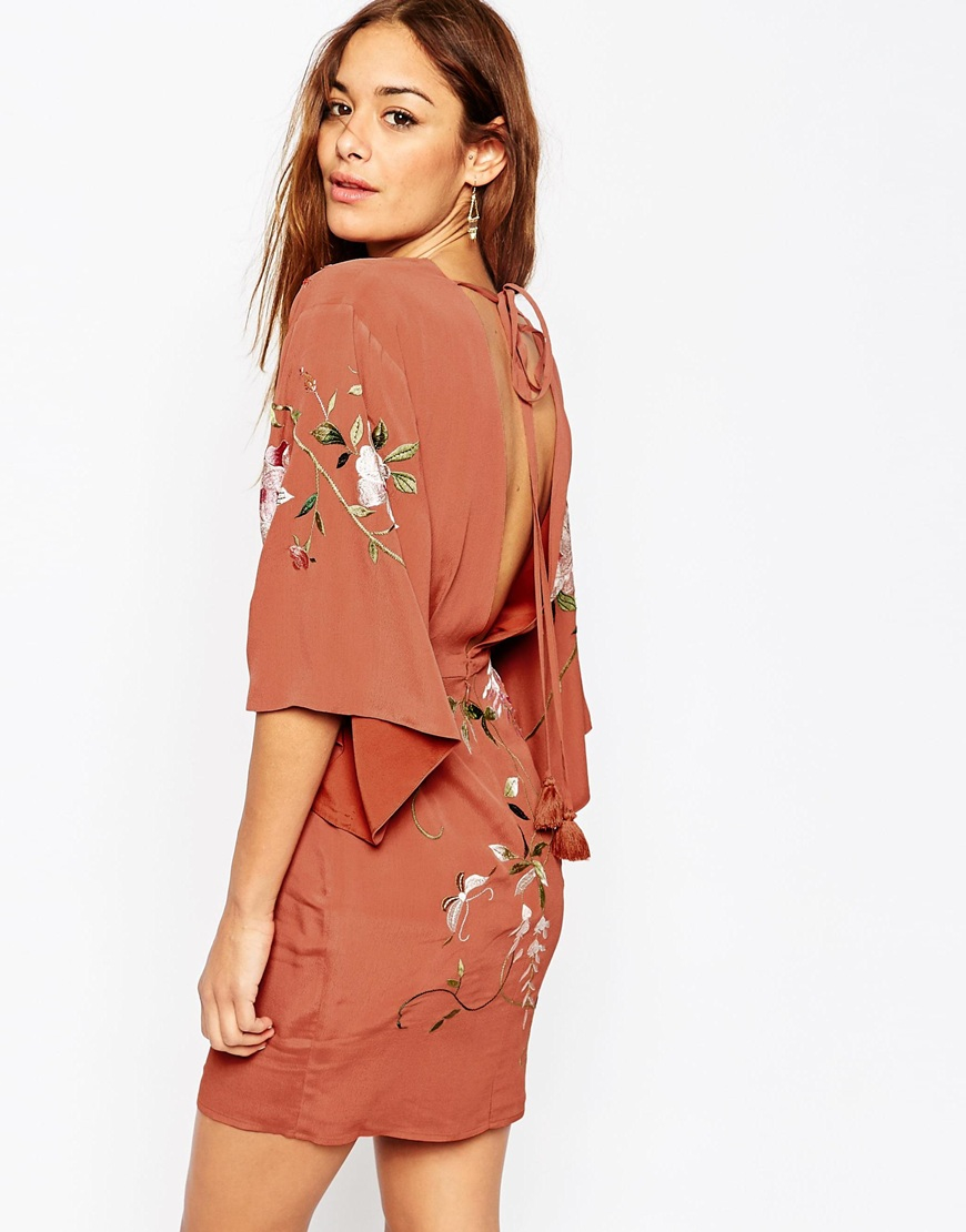 Asos Embroidered Kimono Sleeve Mini Dress In Pink Lyst 