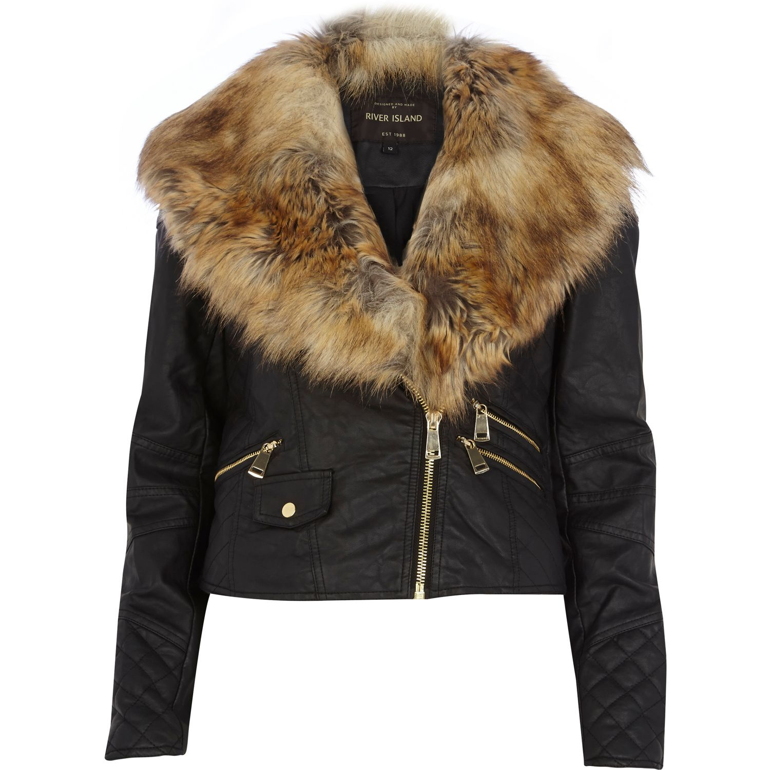 River Island Black Faux Fur Collar Biker Jacket In For Men Lyst Gallery