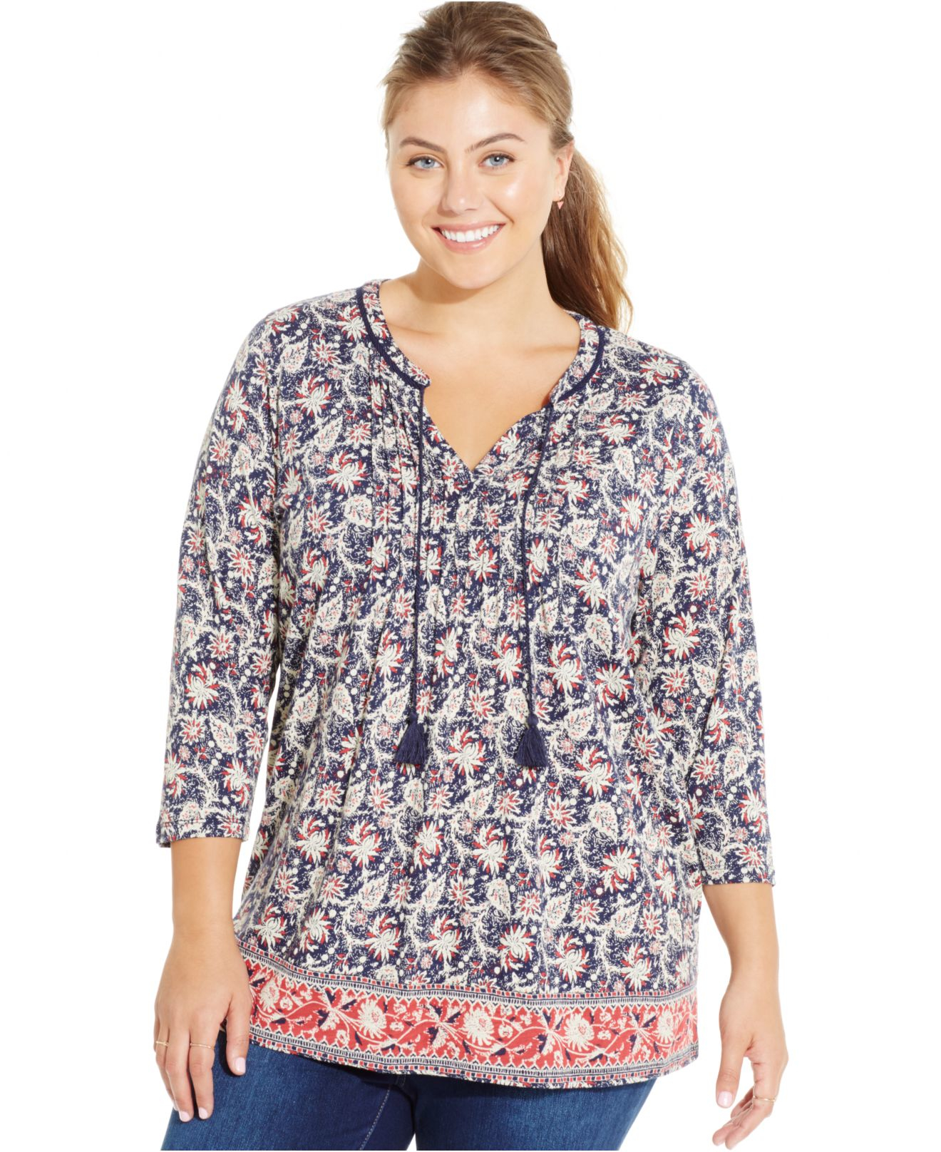 Lucky brand Plus Size Border-print Floral Peasant Top in Gray | Lyst