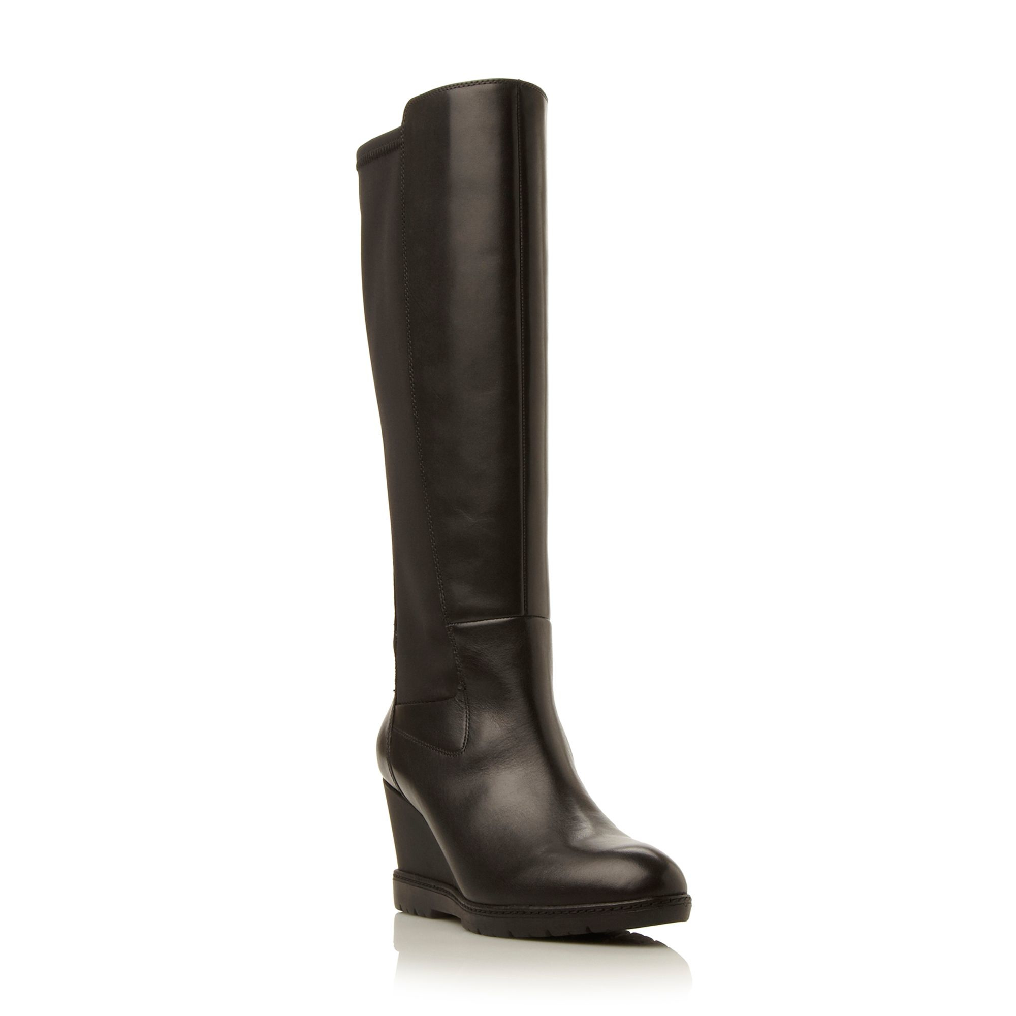 black leather knee high wedge boots