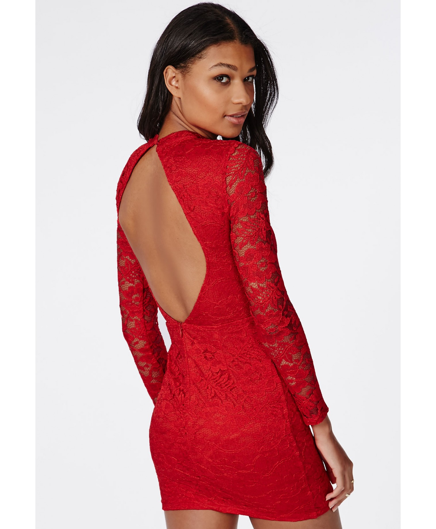 Lyst Missguided Lace Long Sleeve Side Split Bodycon Dress Red In Red