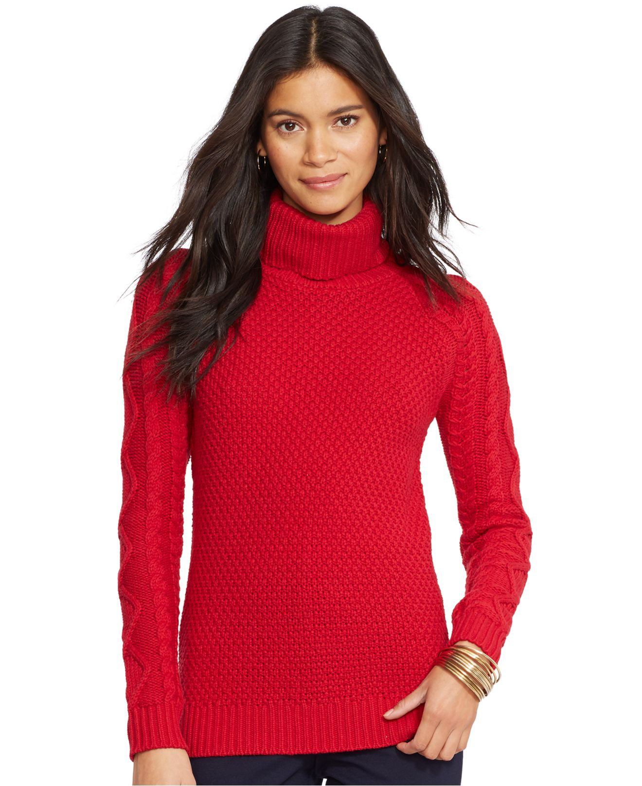 Lauren by ralph lauren Cable-Knit Turtleneck Sweater in Red | Lyst