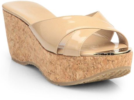 Jimmy Choo Prima Patent Leather Cork Wedge Sandals in Beige (NUDE) | Lyst