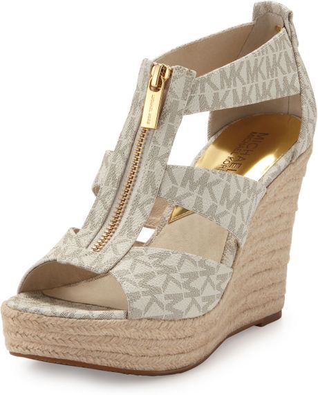 Michael Michael Kors Damita Logo Zipper Wedge Sandal in Beige (VANILLA ...