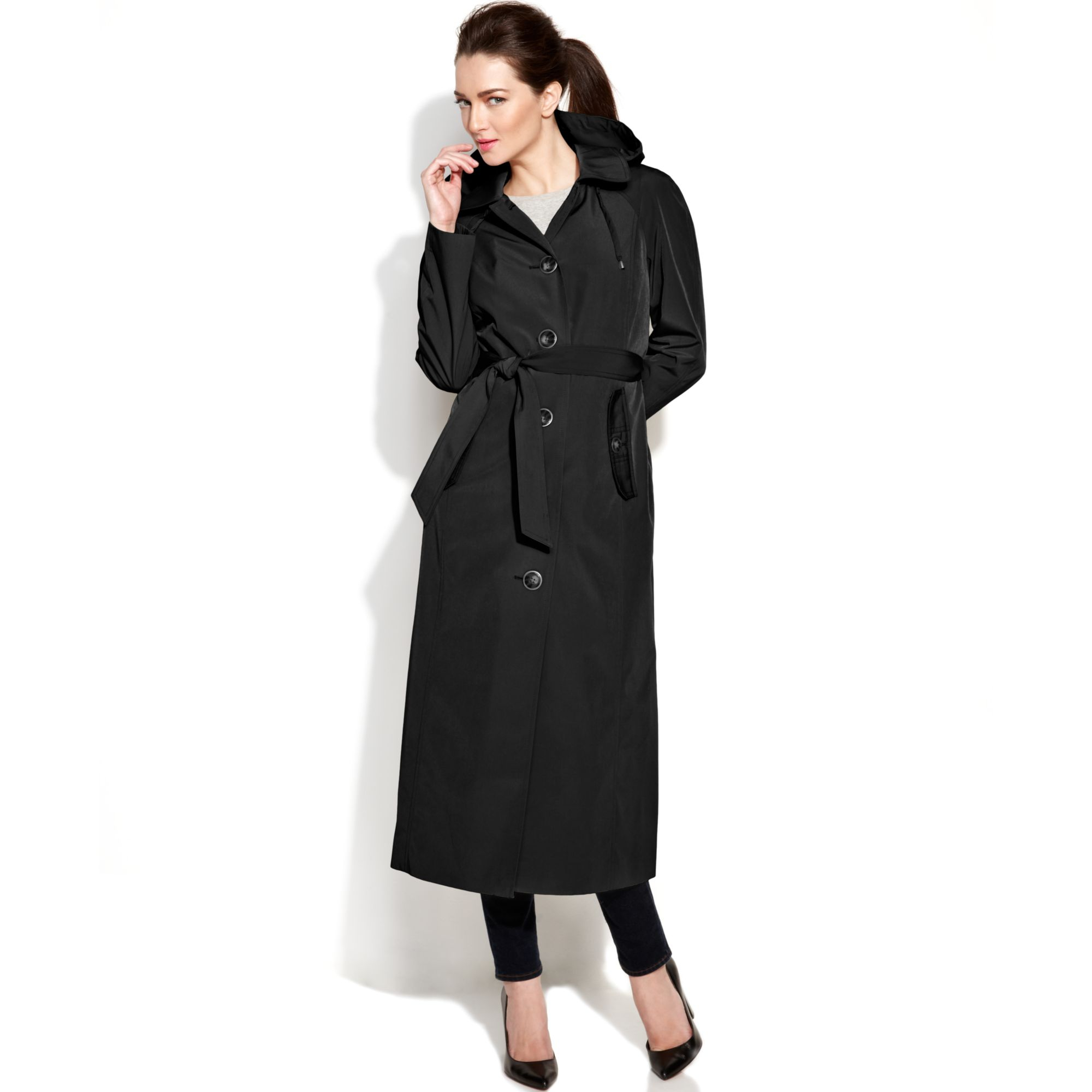 London fog Hooded Singlebreasted Maxi Trench Coat in Black | Lyst