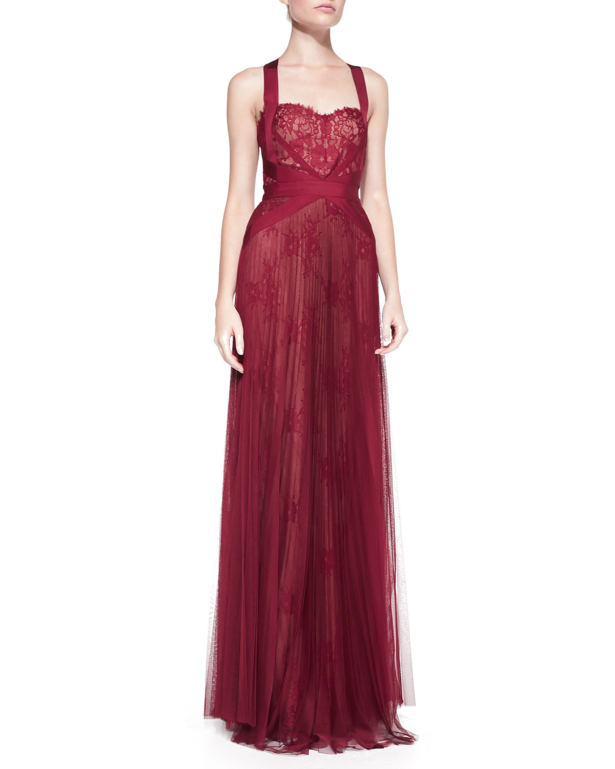 Notte by marchesa Lace-Overlay Tulle Halter Gown in Red | Lyst