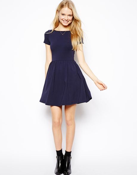 Asos Skater Dress With Slash Neck And Short Sleeves in Blue (Navy) | Lyst