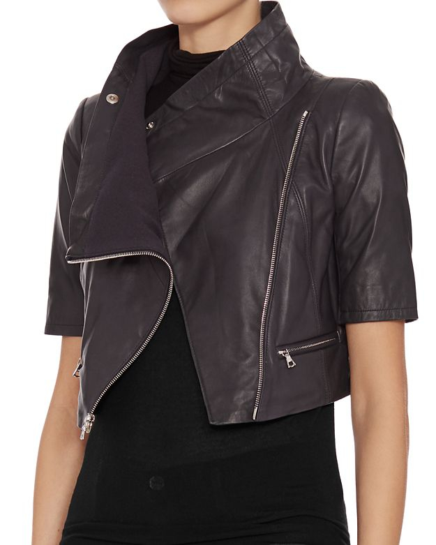 Yigal Azrouël Short Sleeve Crop Leather Jacket Navy In Black Lyst Gallery