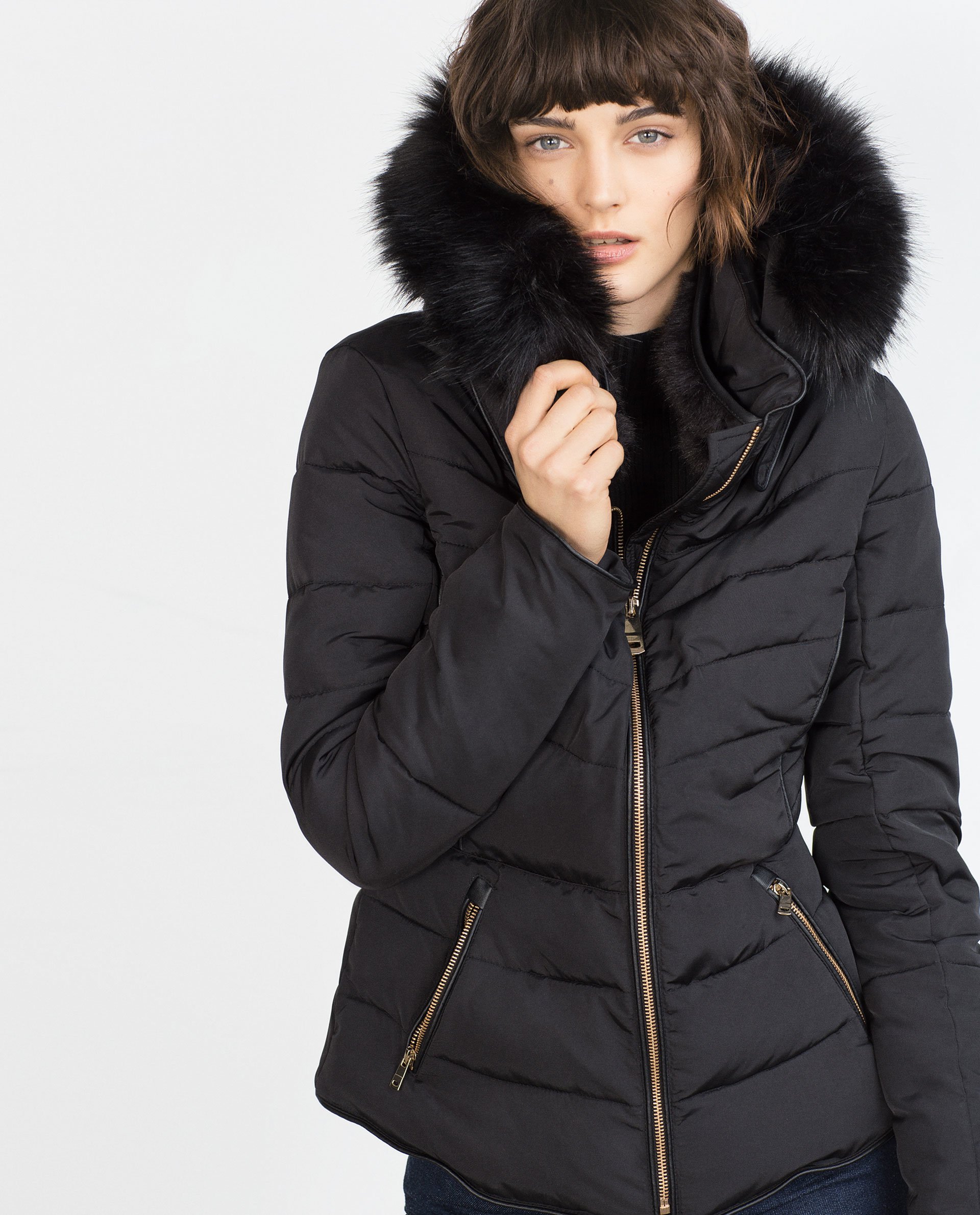 zara black quilted coat with fur hood - jackets in my home