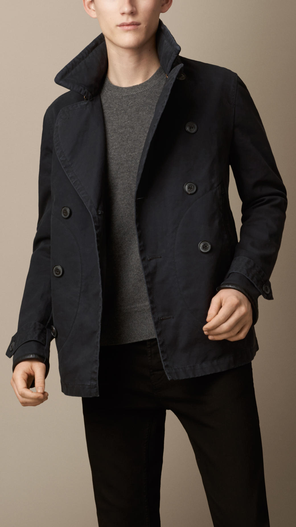 Lyst - Burberry Brushed Cotton Pea Coat With Leather Trim in Blue for Men