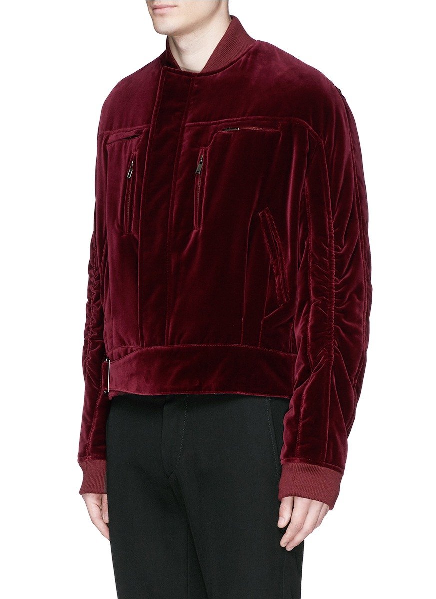 Haider ackermann Ruche Sleeve Velvet Bomber Jacket in Red for Men | Lyst