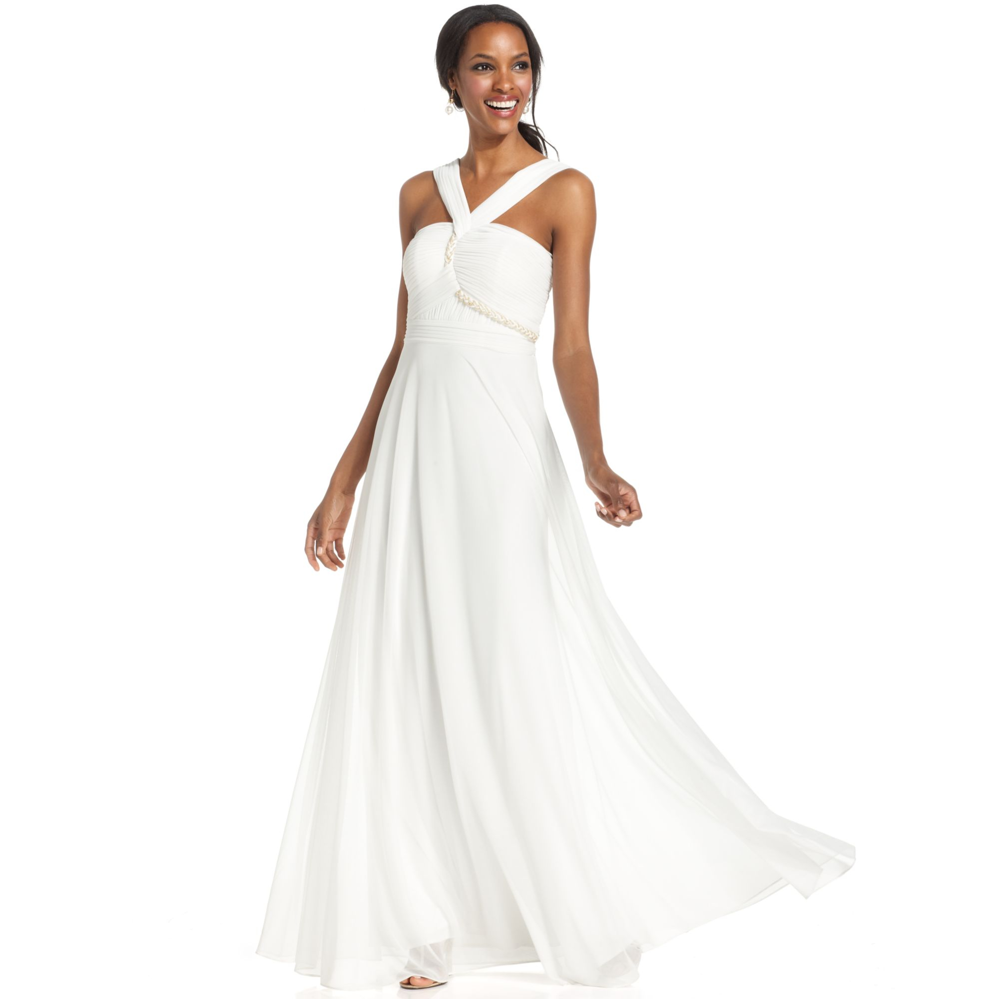 Betsy & Adam Sleeveless Ruched Bodice Halter Gown in White (Ivory) | Lyst