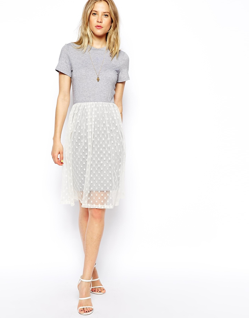 Asos Midi Dress with Tshirt and Spot Mesh Skirt in Gray (Greycream) | Lyst