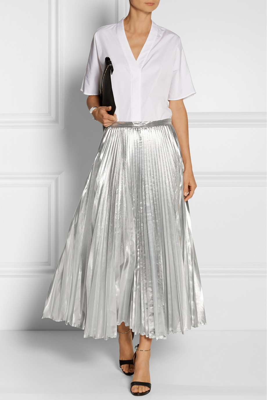 Lyst Dkny Pleated Metallic Taffeta Midi Skirt In Metallic 2263