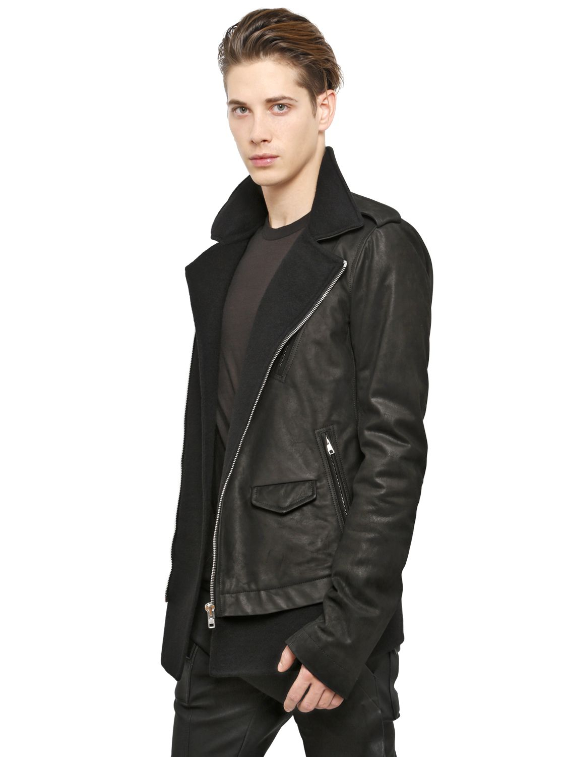 Rick Owens Stooges Leather Cashmere Biker Jacket In Black For Men Gallery