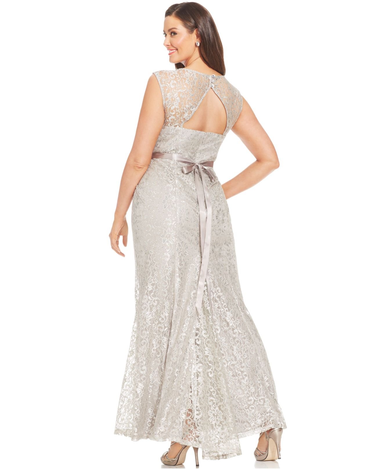Lyst - Betsy & Adam Plus Size Metallic Lace Pleated Gown in Metallic