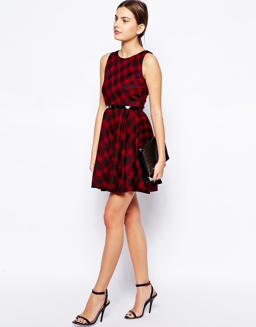 Ax Paris Tartan Belted Skater Dress in Red | Lyst