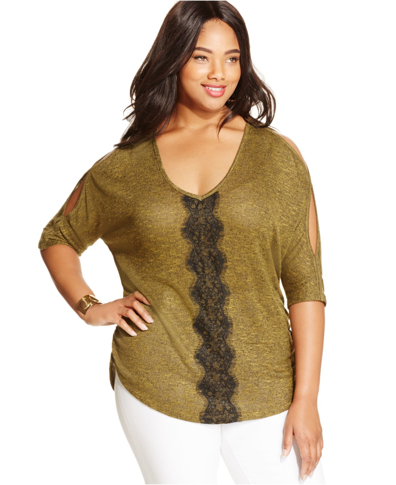 Lyst Jessica Simpson Plus Size Cold Shoulder Marled Sweater In Green